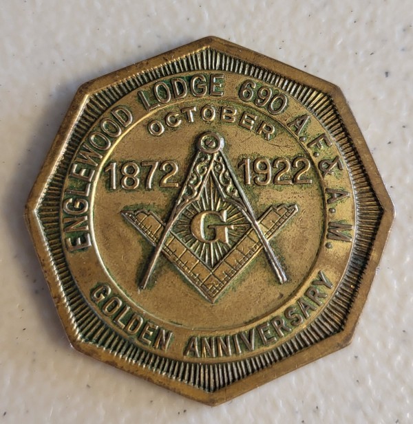 1922 Masonic Golden Anniversary Lodge #690 Brass Octagon Coin Token Medal