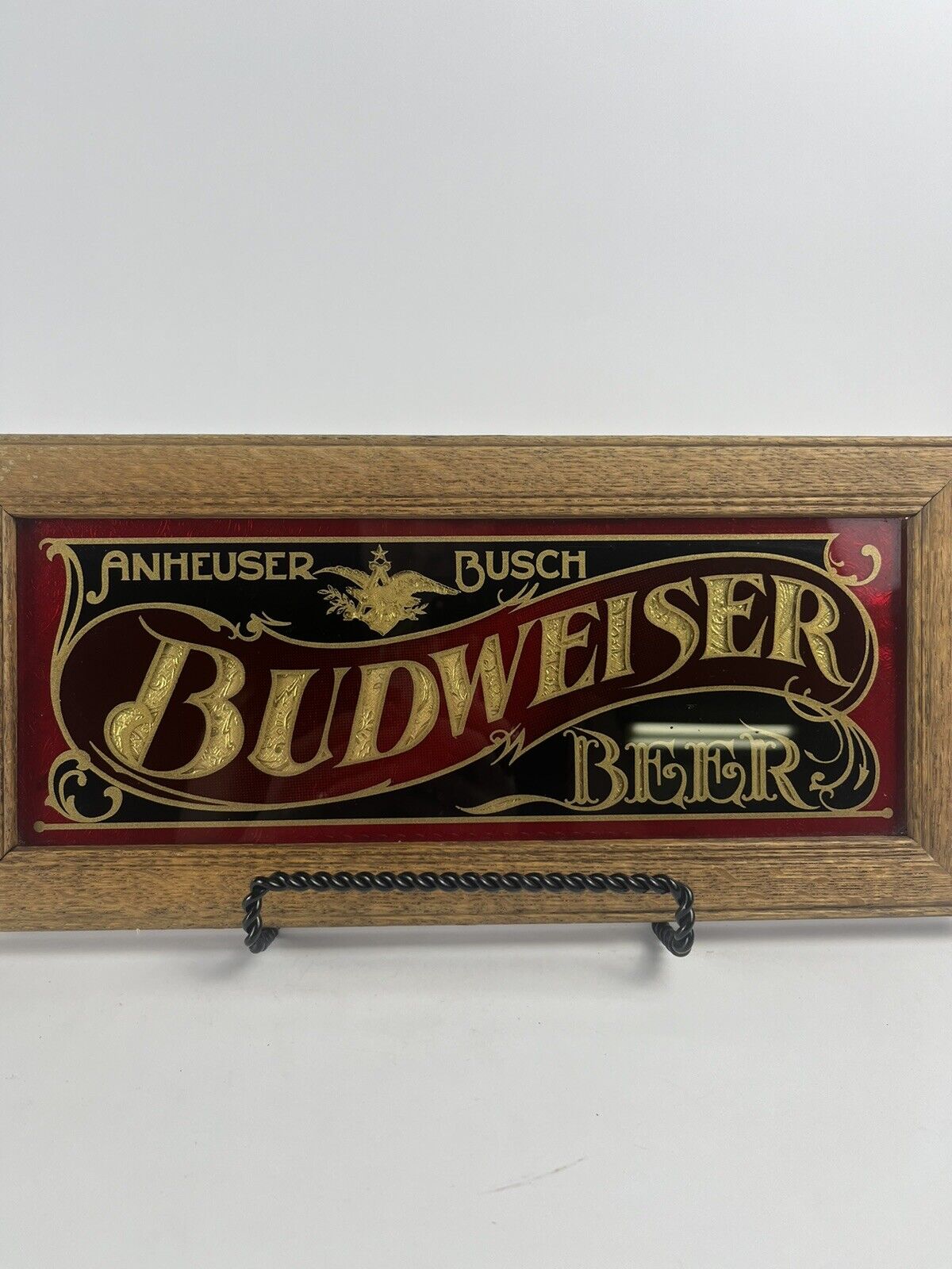 Vtg 1979 Anheuser Busch Budweiser Beer HENSLEY & CO Glass Sign Wood Frame