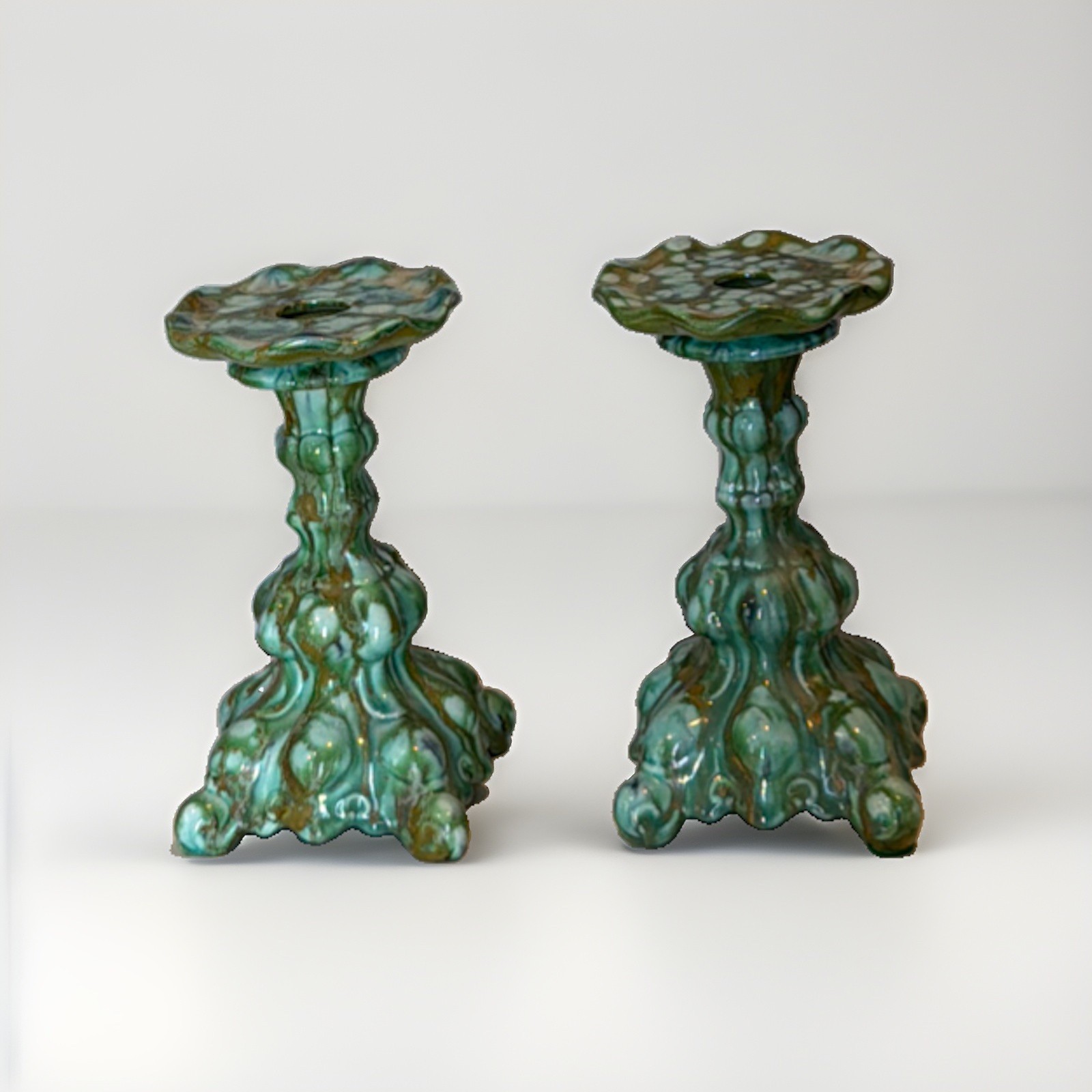 Vintage MCM Holland Mold Pair of Green Ceramic Candlesticks Rococo Style