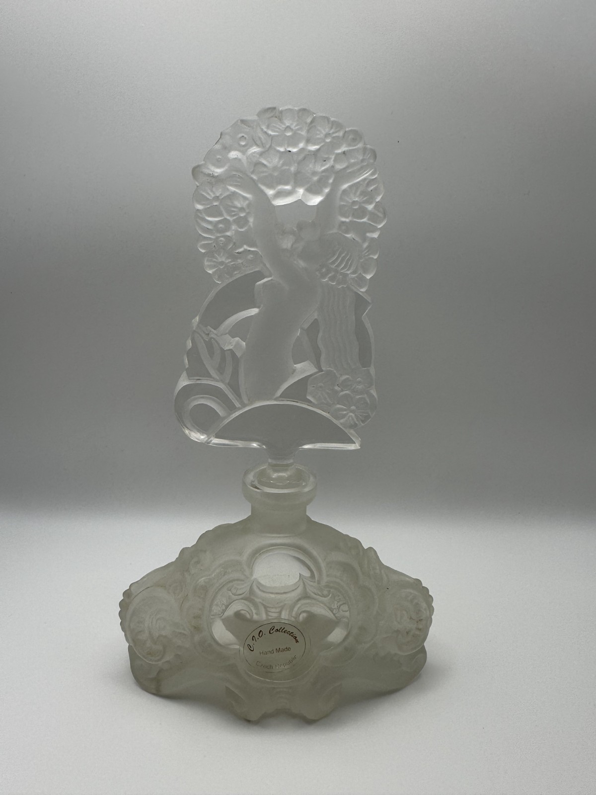 C.I.O. Czech Art Glass Perfume Bottle Nude Woman Peacock Stopper Vintage
