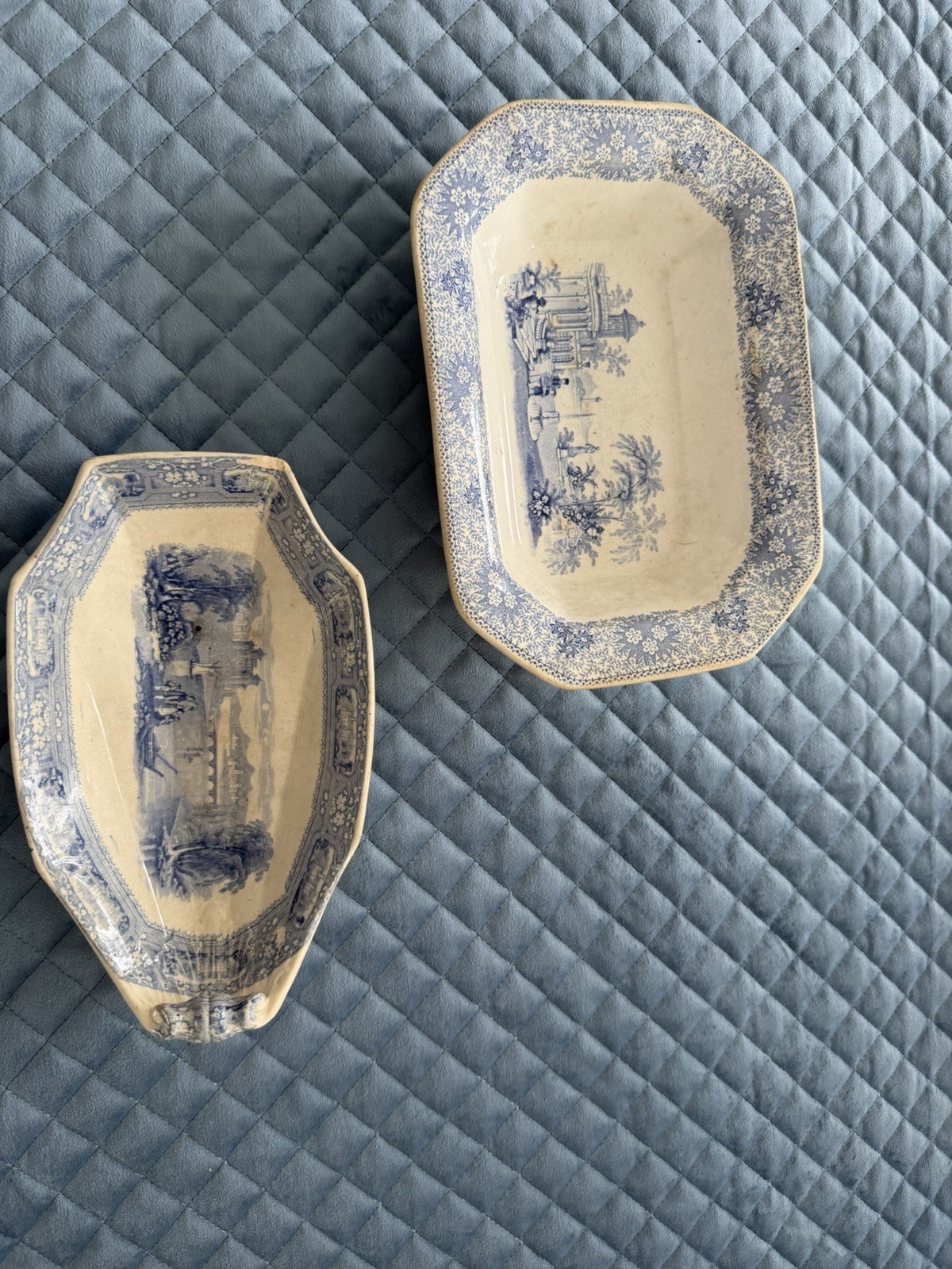 Vintage W Adams & Sons Chinese Bird Blue Transferware 9” Dishes Lot of 2