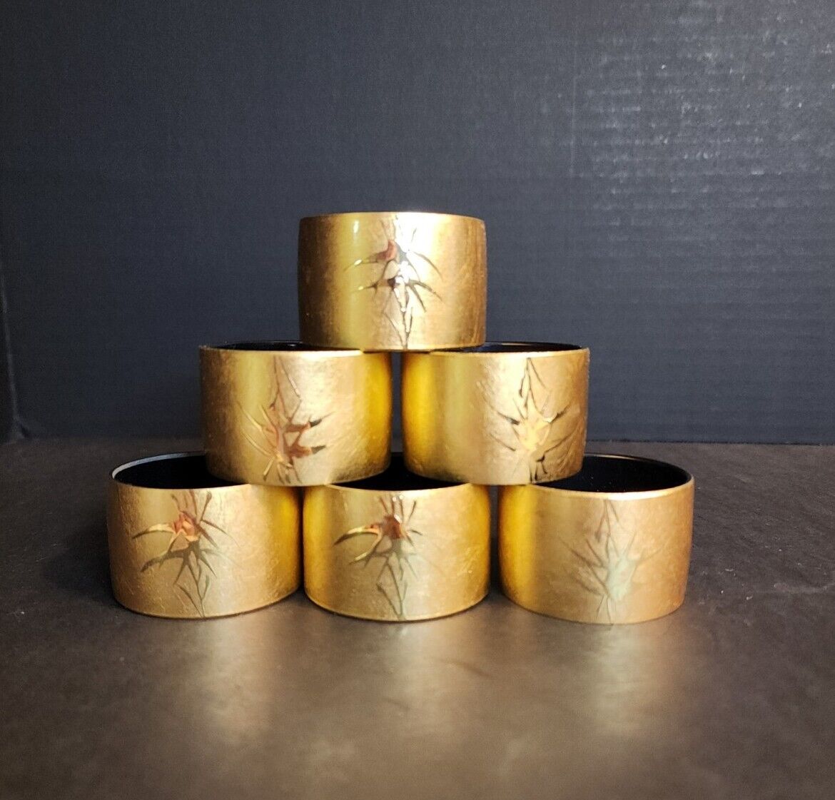 Vtg Otagiri Napkin Rings Brushed Gold Laquered Bamboo set of 6 Plastic in Box