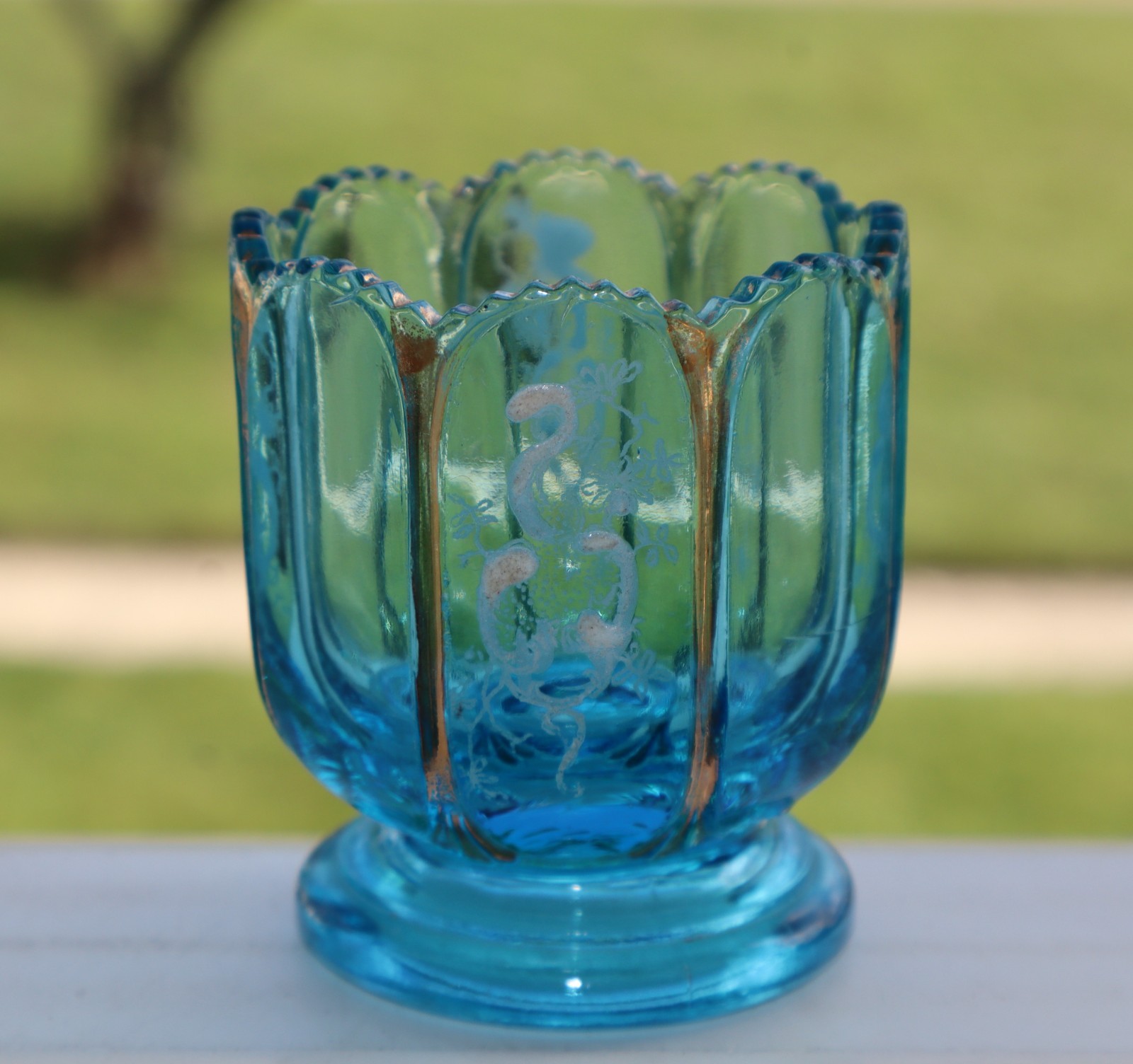 NATIONAL GLASS COMPANY EAPG BLUE NESTOR TOOTHPICK HOLDER WITH ENAMELED PATTERN