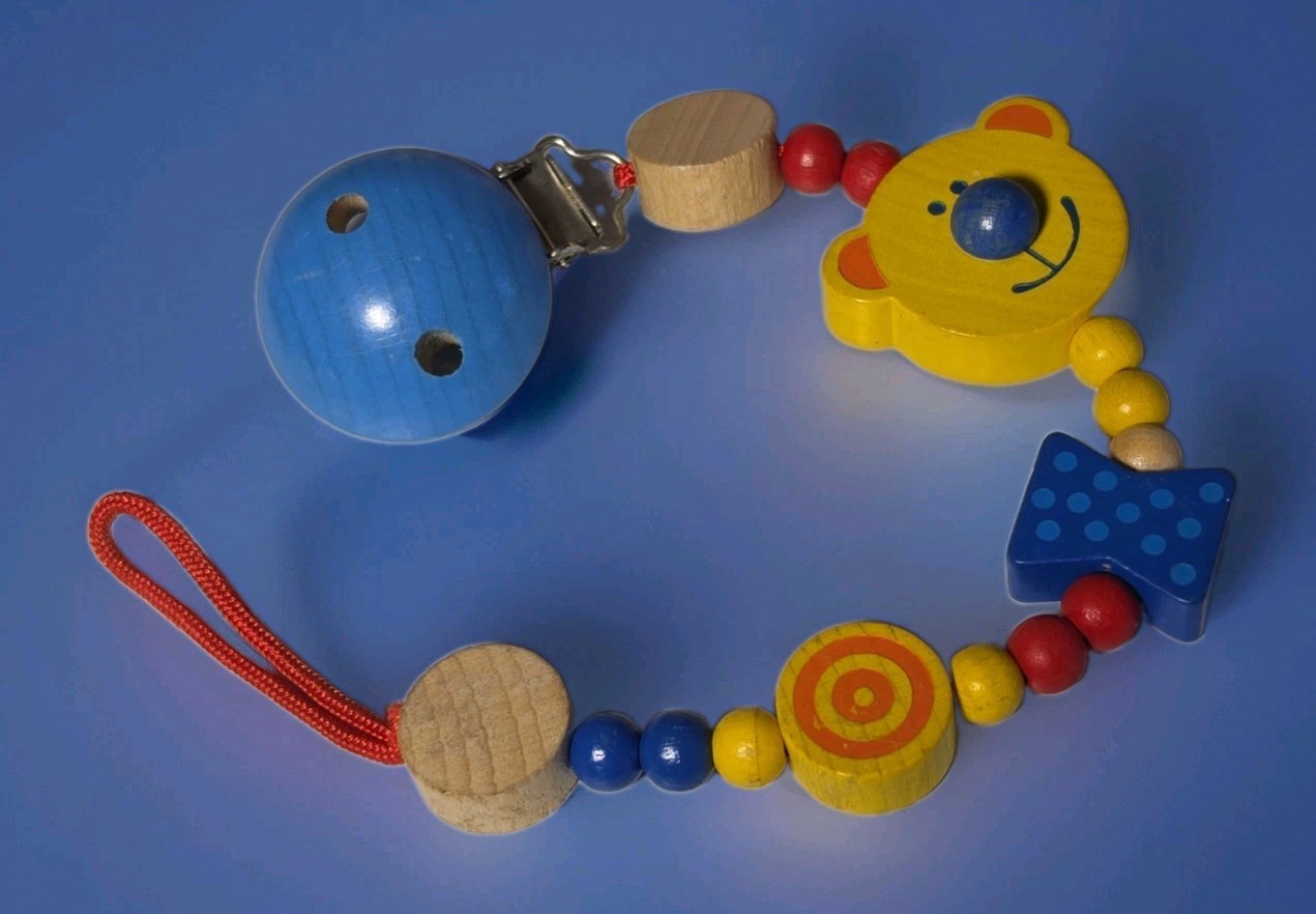 Vintage HABA Wooden Pacifier Chain Yellow Bear Blue Bow Tie