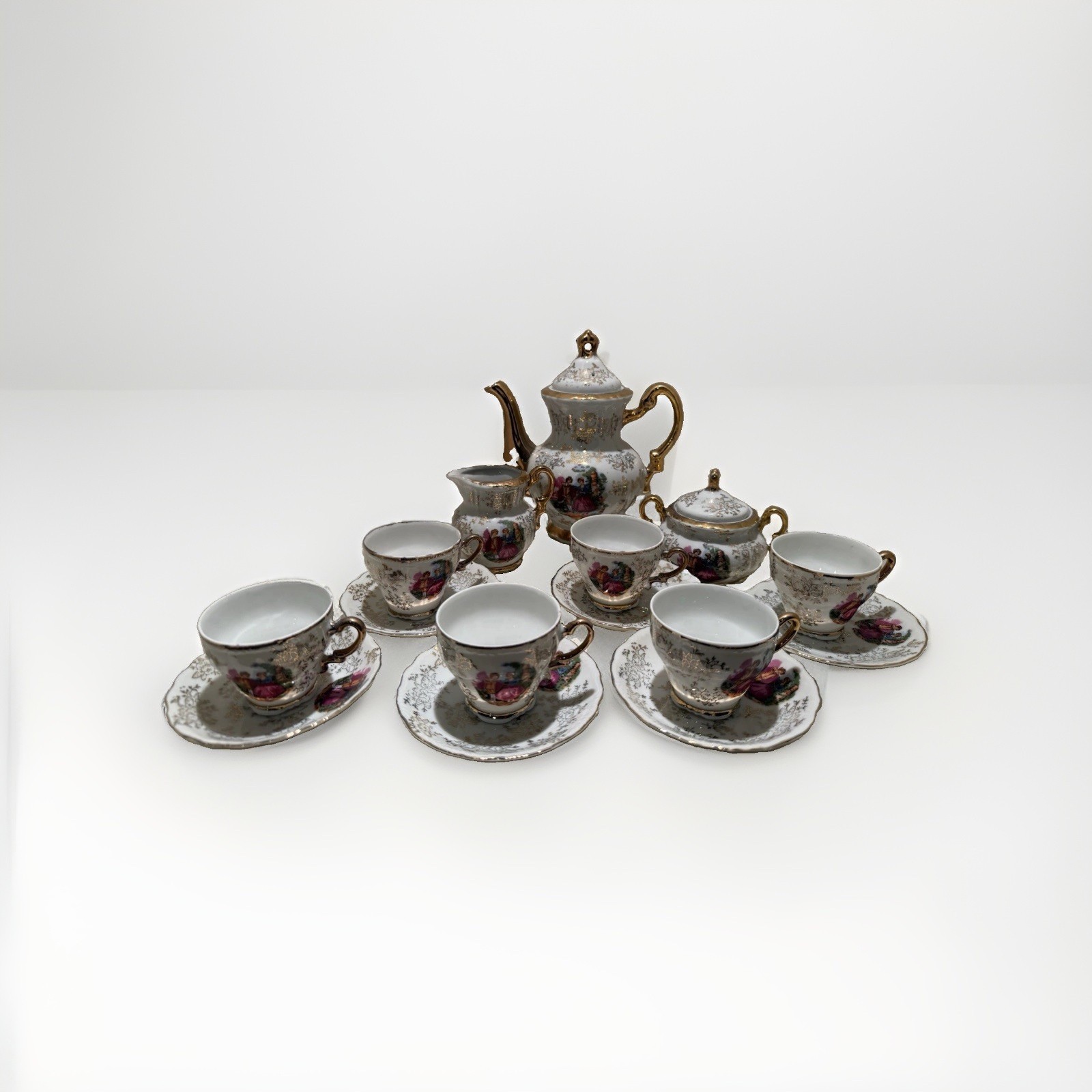 Original Arnart Creation Japan- Teapot, Sugar, Creamer, 6 Footed Cups/Saucers
