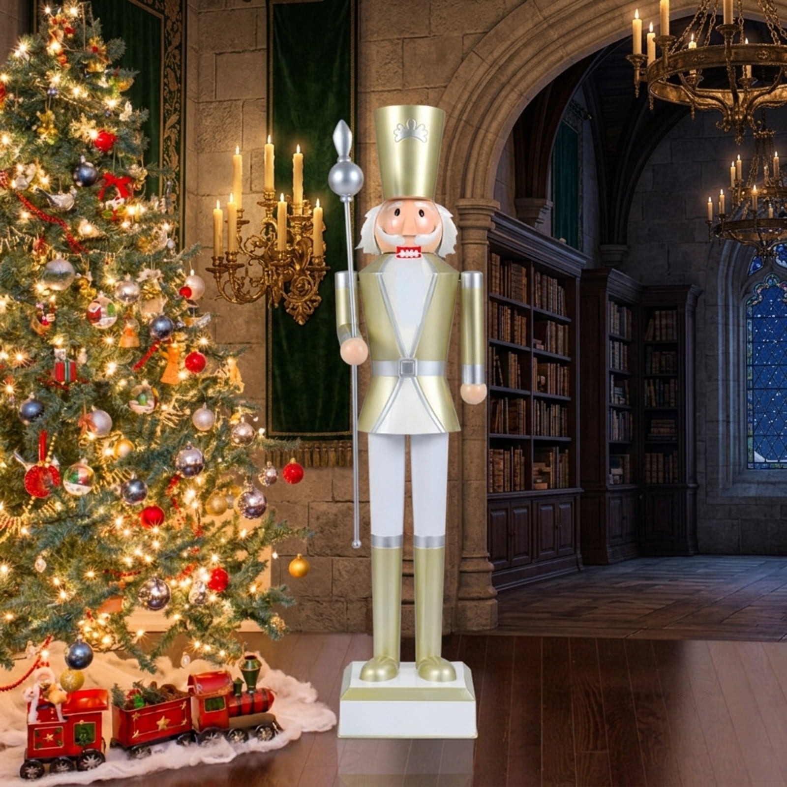 48in 4FT Tall Life-Size Christmas Nutcracker with Scepter Golden Holiday Décor