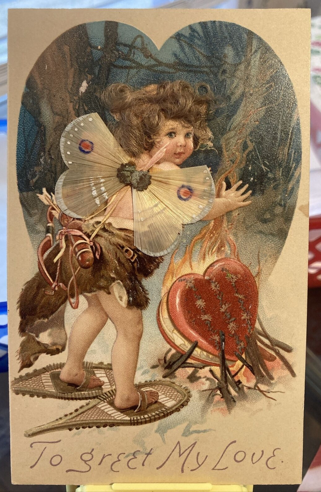 Antique Real Hair Valentine Postcard Novelty Cupid Snowshoes Heart Fire 1910s J2