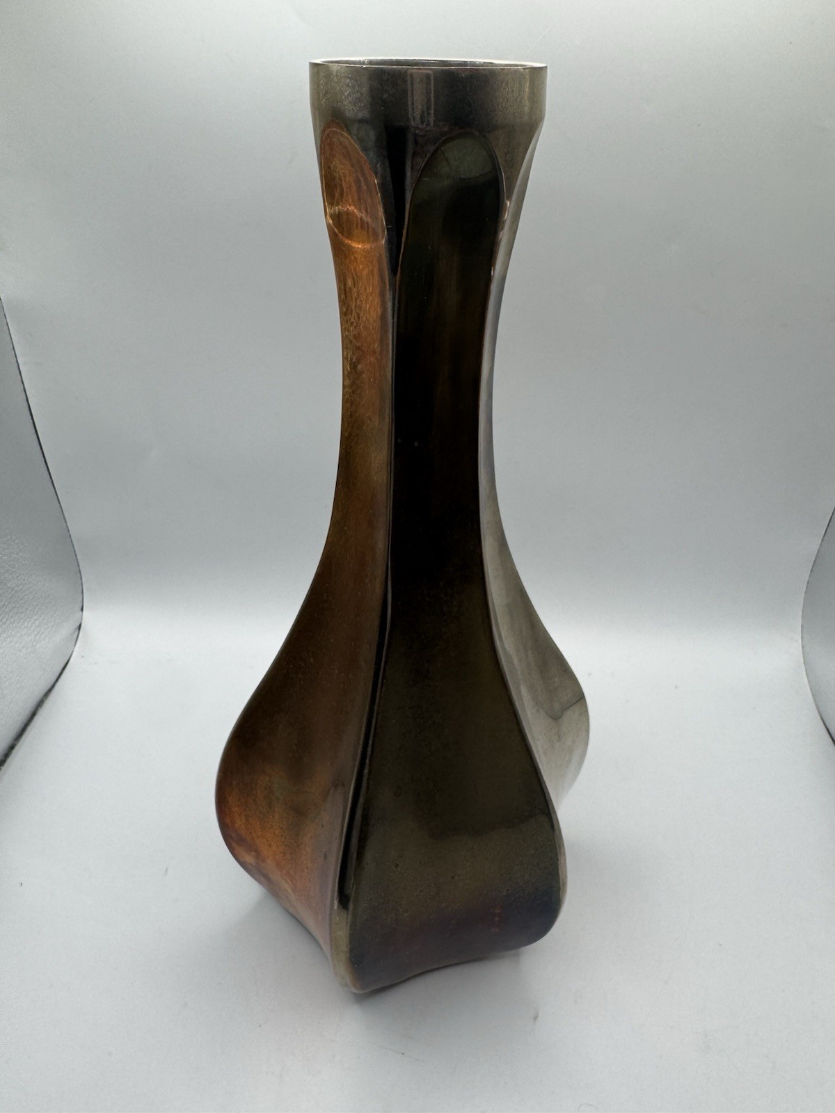 Vintage Brutalist Mid Century Modern Bronze Finish Metal Sculptural Vase 11.5”