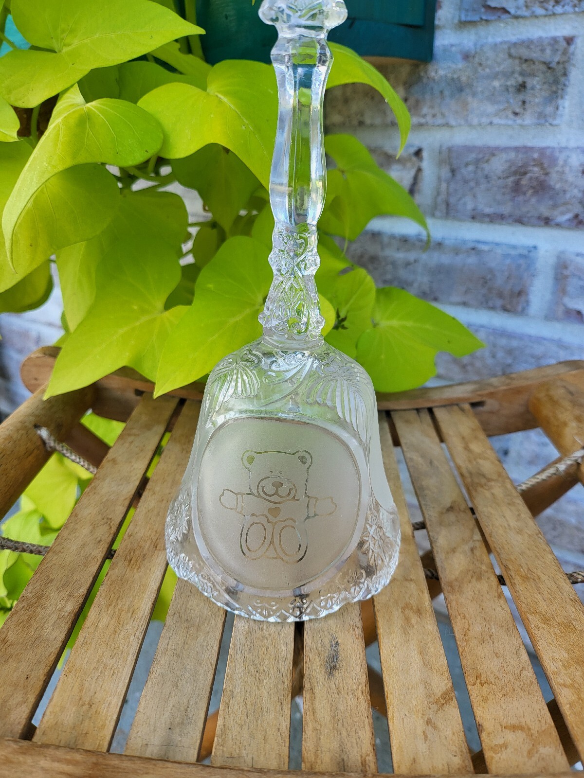 Crystal Glass Clear Bell With Etched Teddy Bear Ornate 8 inches tall