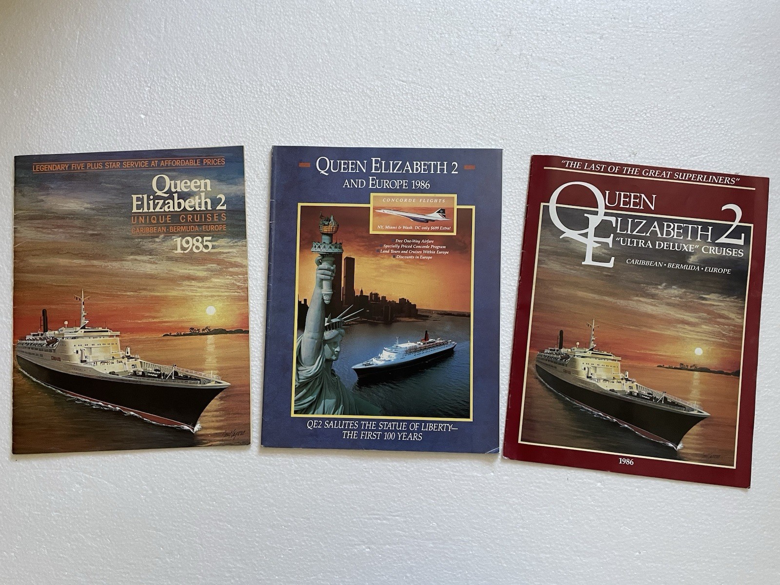 1980s CUNARD “QUEEN ELIZABETH 2 Ultra Deluxe Cruises” Promo Booklets, Set Of 3
