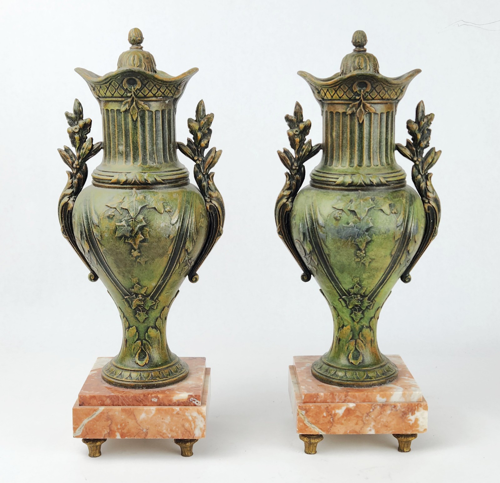Pair Vintage Neoclassical Bronzed Spelter Urn Garnitures Marble Bases 13-3/4