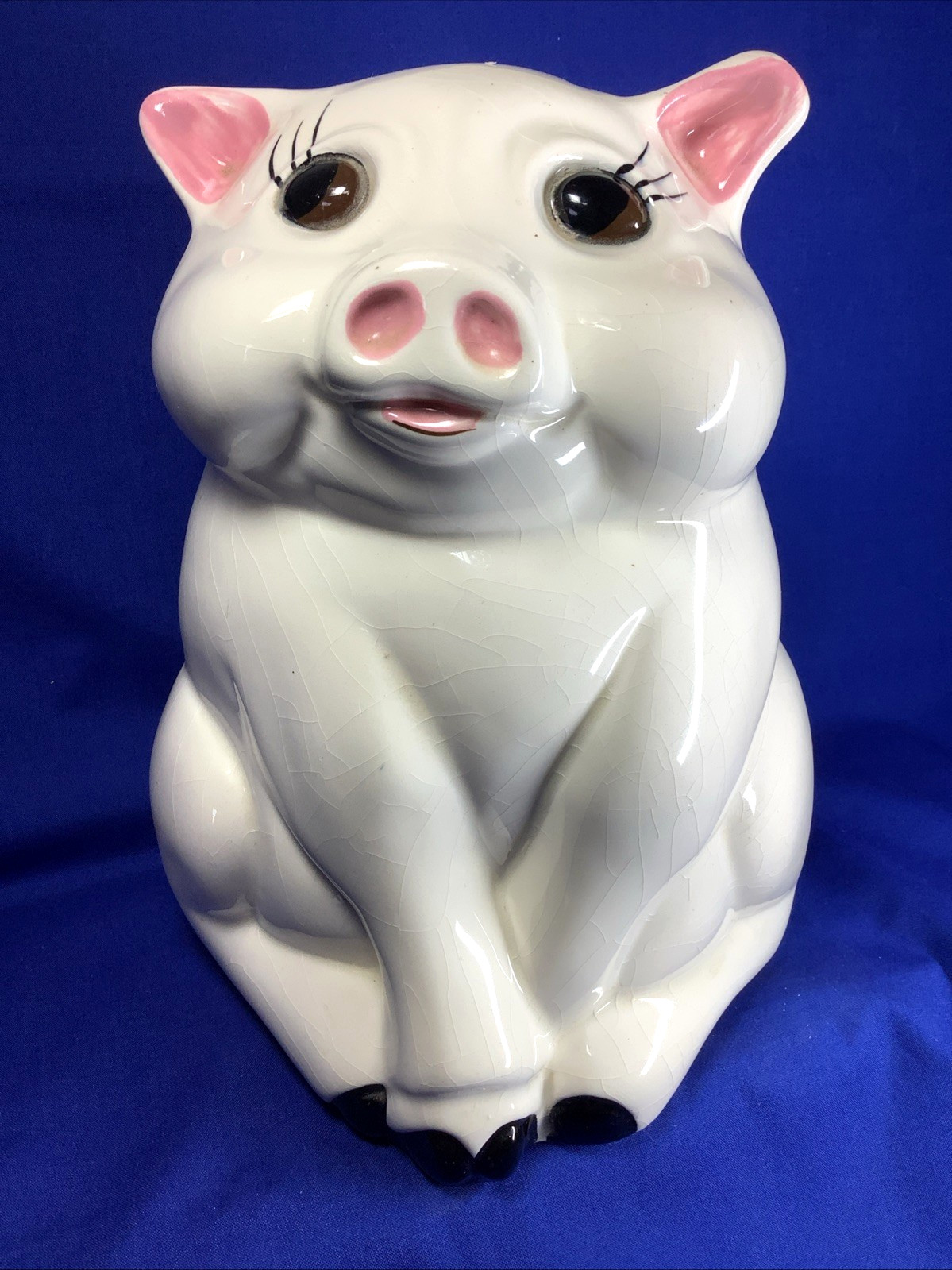 Large Retro White Ceramic Sitting Pig Piggy Bank Glass Eyes USA Farmhouse 639 Large Retro White Ceramic Sitting Pig Piggy Bank Glass Eyes USA Farmhouse 639