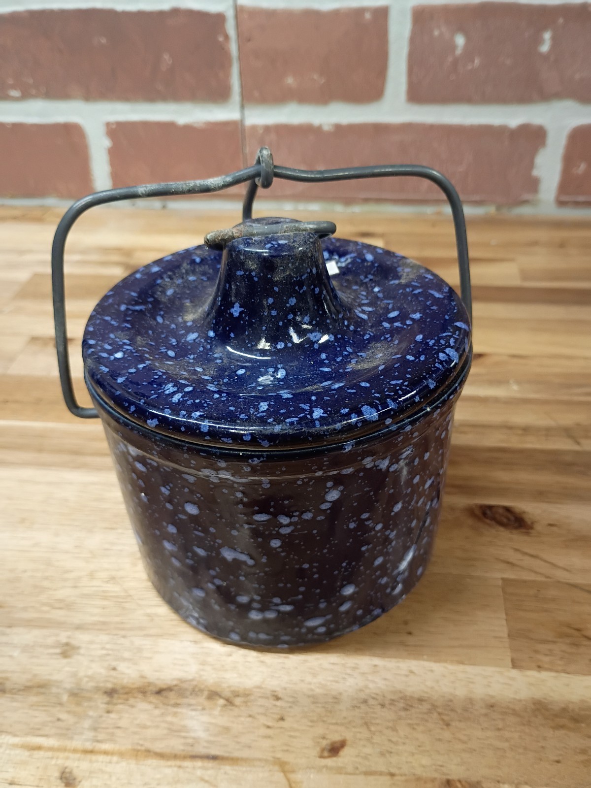 Vintage lidded Crock With Metal Fastener Stoneware Speckled Blue Pottery 
