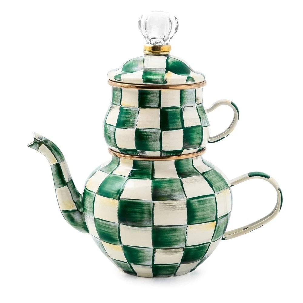 NEW Mackenzie-Childs Emerald Check High Tea 3pc Set 32 oz in Original Box