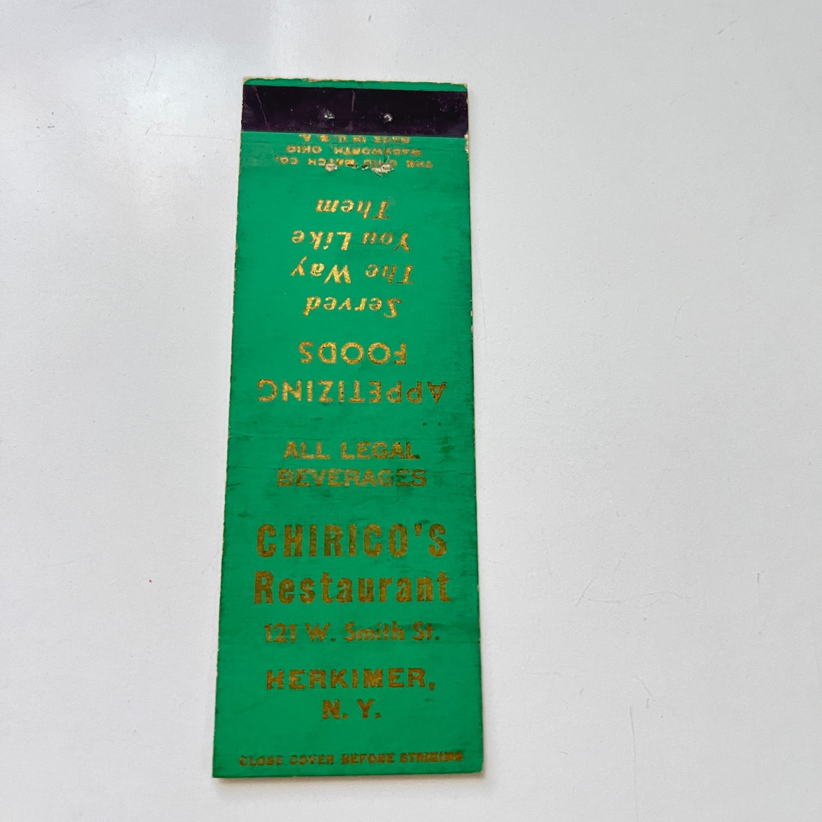 Chirico's Restaurant 124 W Smith St Herkimer NY Vintage Matchbook Cover 4MB102-1