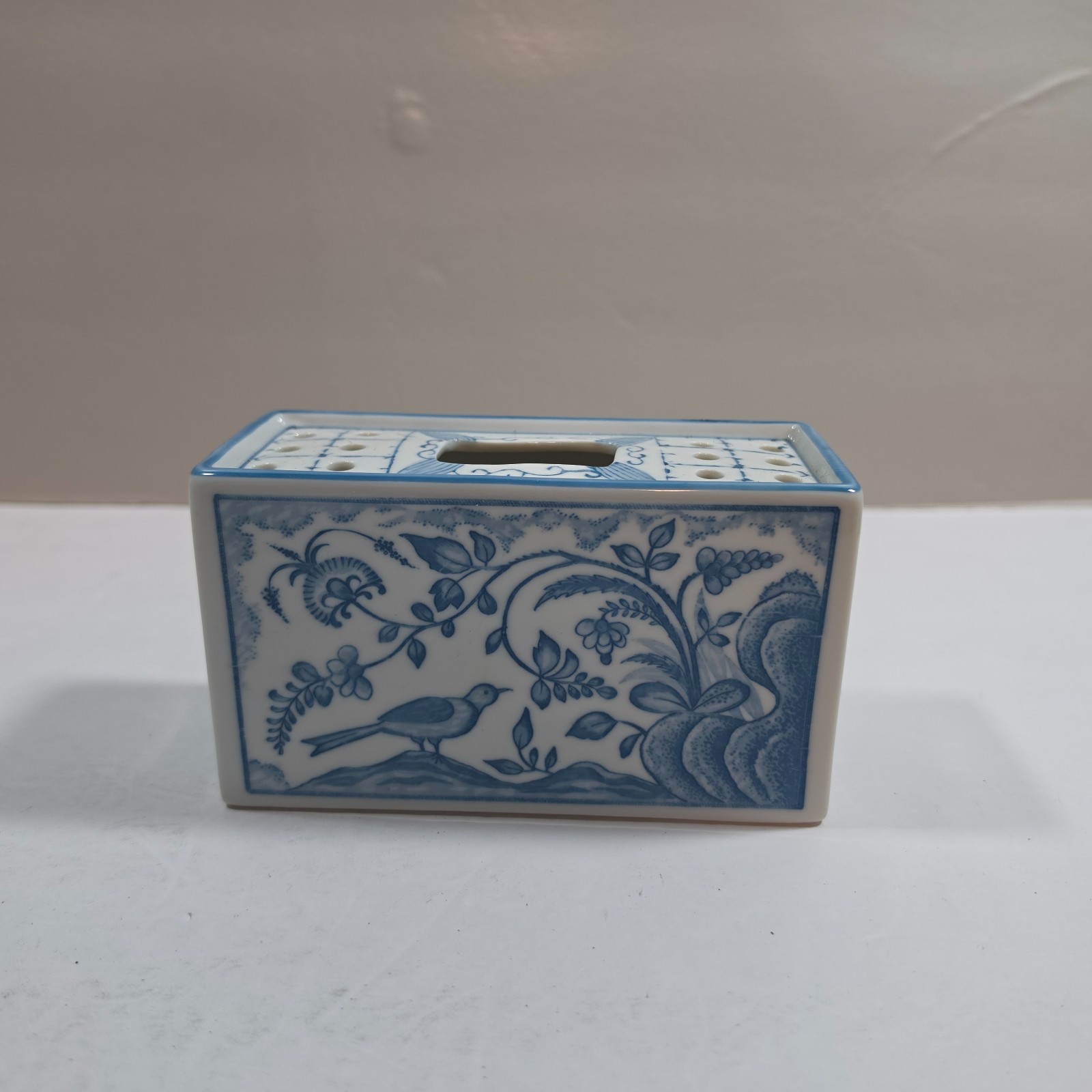 VTG ANDREA BY SADEK Flower Frog Porcelain Chinoiserie Blue Bird Brick Vase Japan