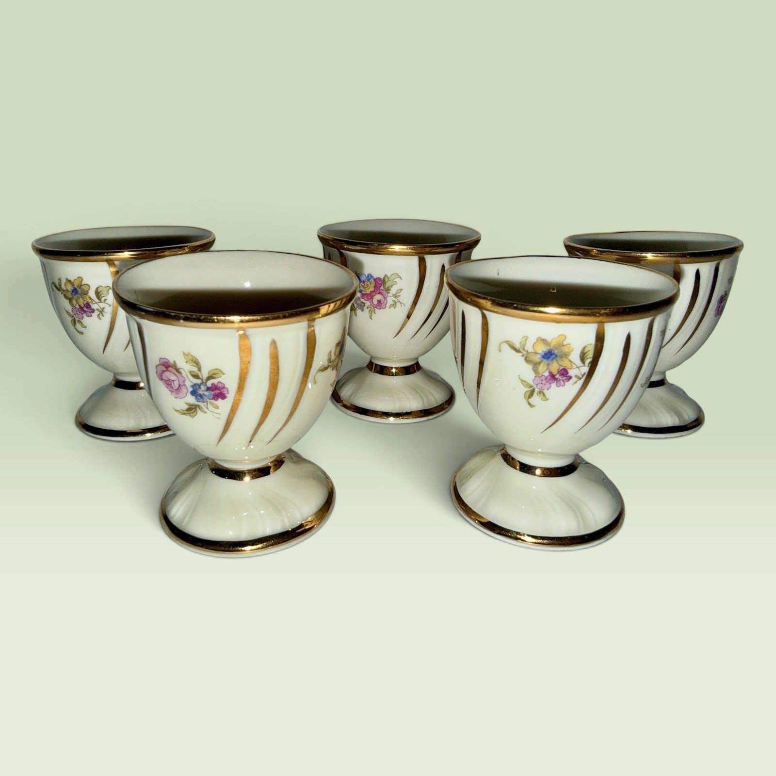 5 Rosenthal Kronach Elfenbein Porcelain Egg Cups Floral Gold Germany 1938-52