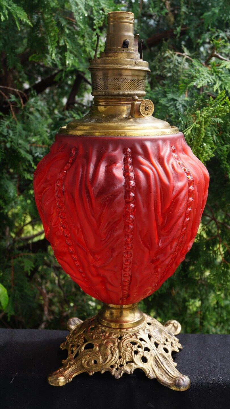Antique 1895 - 1905 Pittsburgh RED SATIN Glass Oil Lamp - BEADED DRAPE Pattern