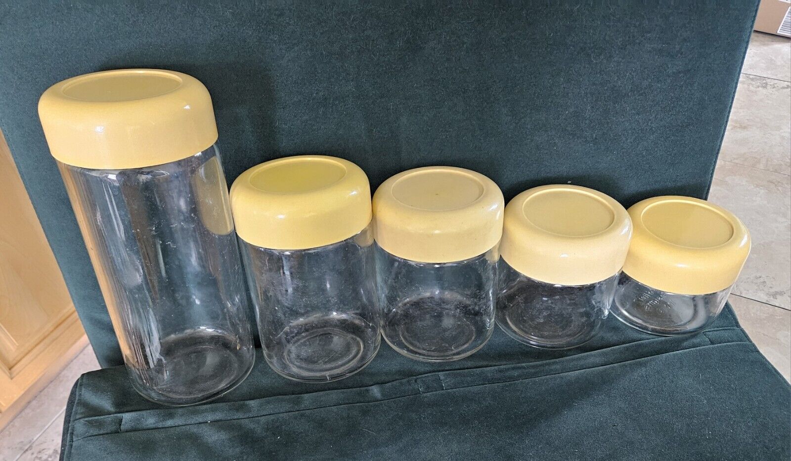 Vintage Heller Glass Canisters With Yellow Lids set of 5 