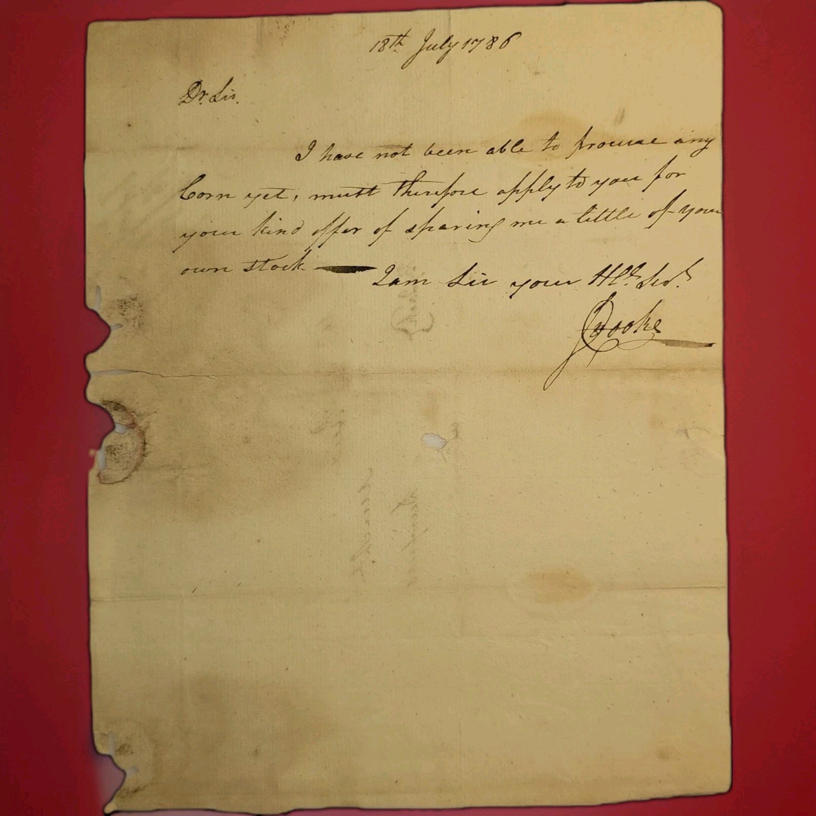 1786 Virginia ALS Col John Travers Cooke to Huie & Reid Dumfries Merchants