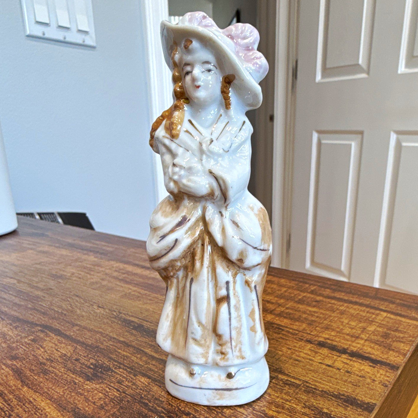 Vintage Occupied Japan Hand Painted Ceramic Lady Figurine w/ Hat, White Gold