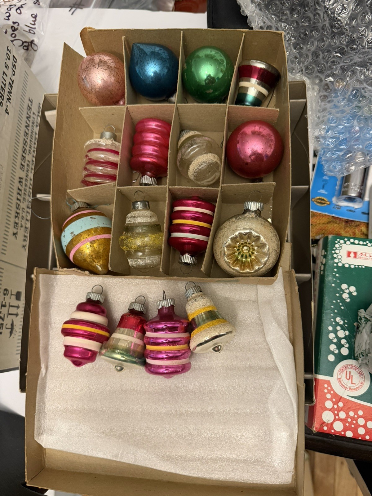 Lot 16 VTG Glass Assorted BARREL TORNADO BELL Drop Shiny Brite 1 disclaimer 