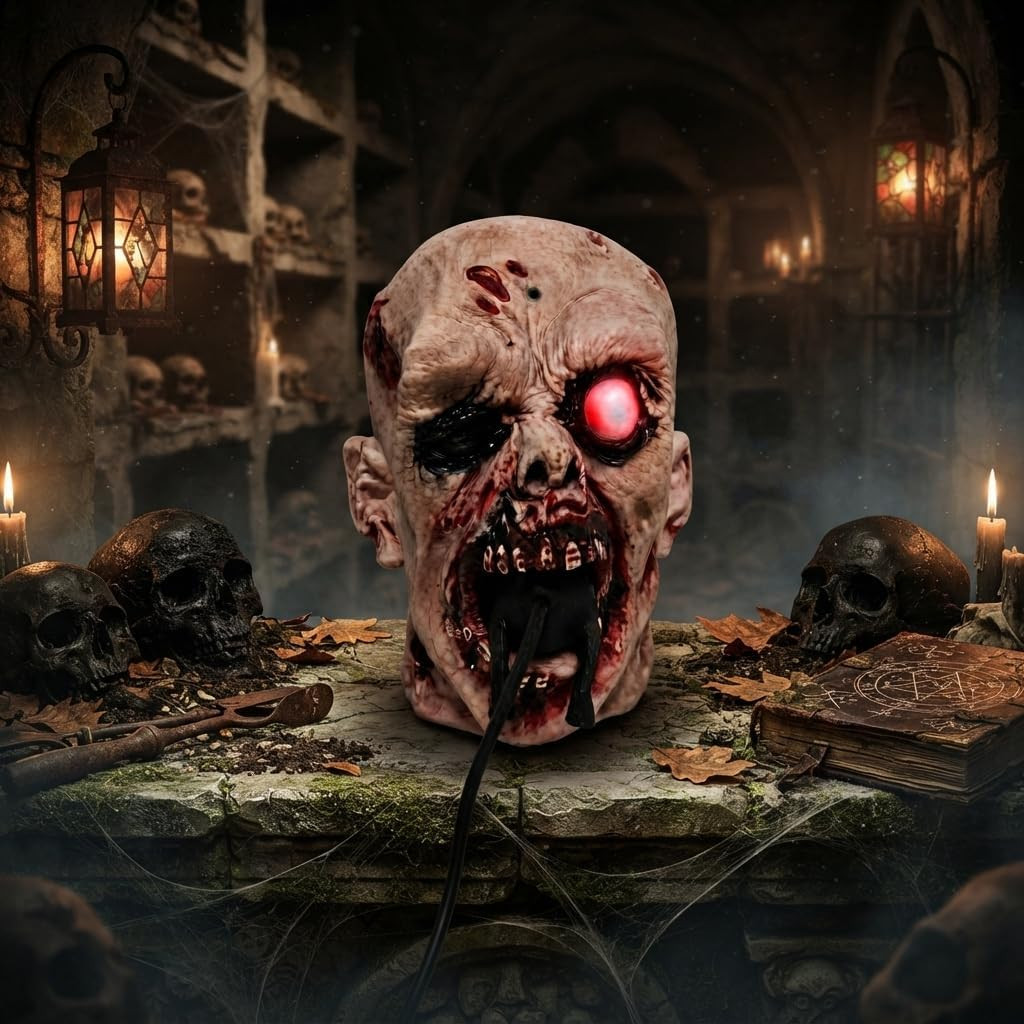 **Realistic Zombie Head Sculpture – Glowing LED Eye Halloween Decor**