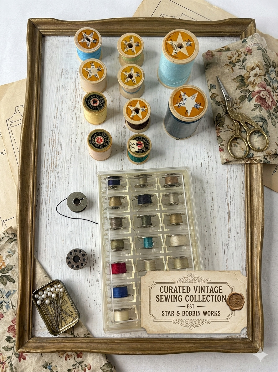 Vintage Star Wooden Thread Spools Lot 10 Spools 23 Metal Bobbins w/ Storage Case