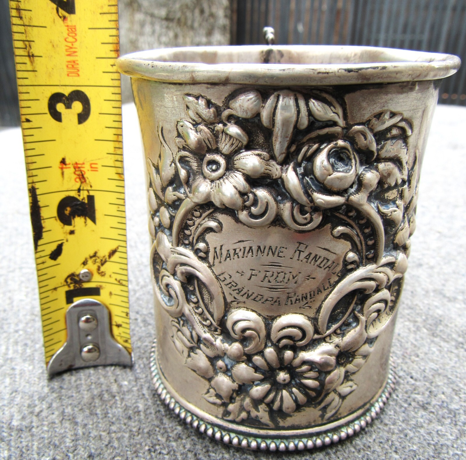 ANTIQUE AMERICAN STERLING SILVER REPOUSSE ORNATE CHILD CUP EARLY AMERICAN 99GRAM