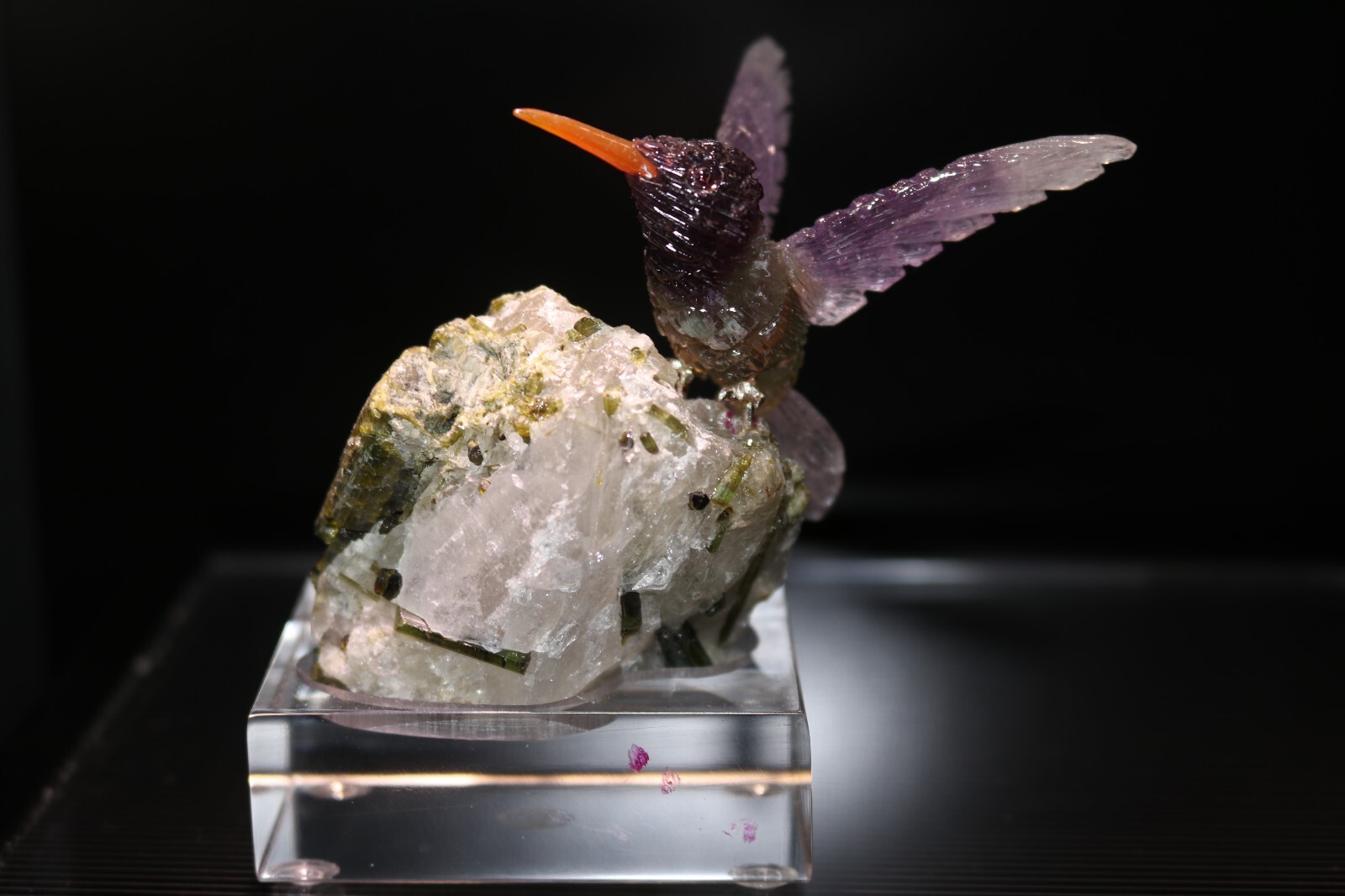 Peter Muller Hand Carved Fluorite Hummingbird on Tourmaline Base 3 3/4