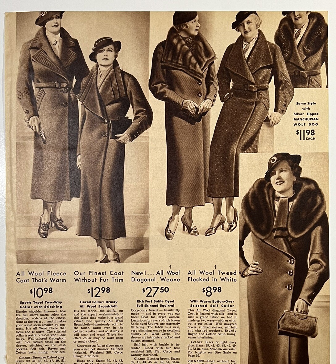 Vintage 1935 Wards Women’s Wool Coats Fur Original Print Ad 23x34cm MWC 21