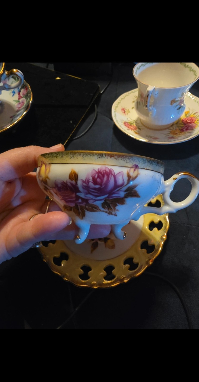 Vtg Royal Sealy Japan Lusterware Footed Teacup Reticulated Saucer Pink Rose MINT
