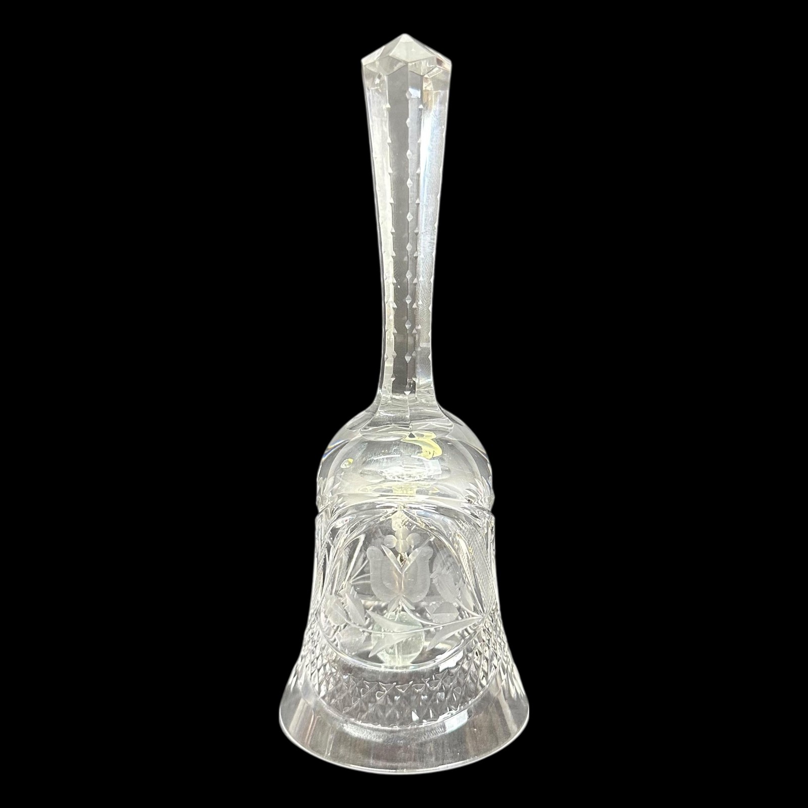 Cut Crystal Glass Bell Etched Floral Star Pattern Clear Decorative Collectible