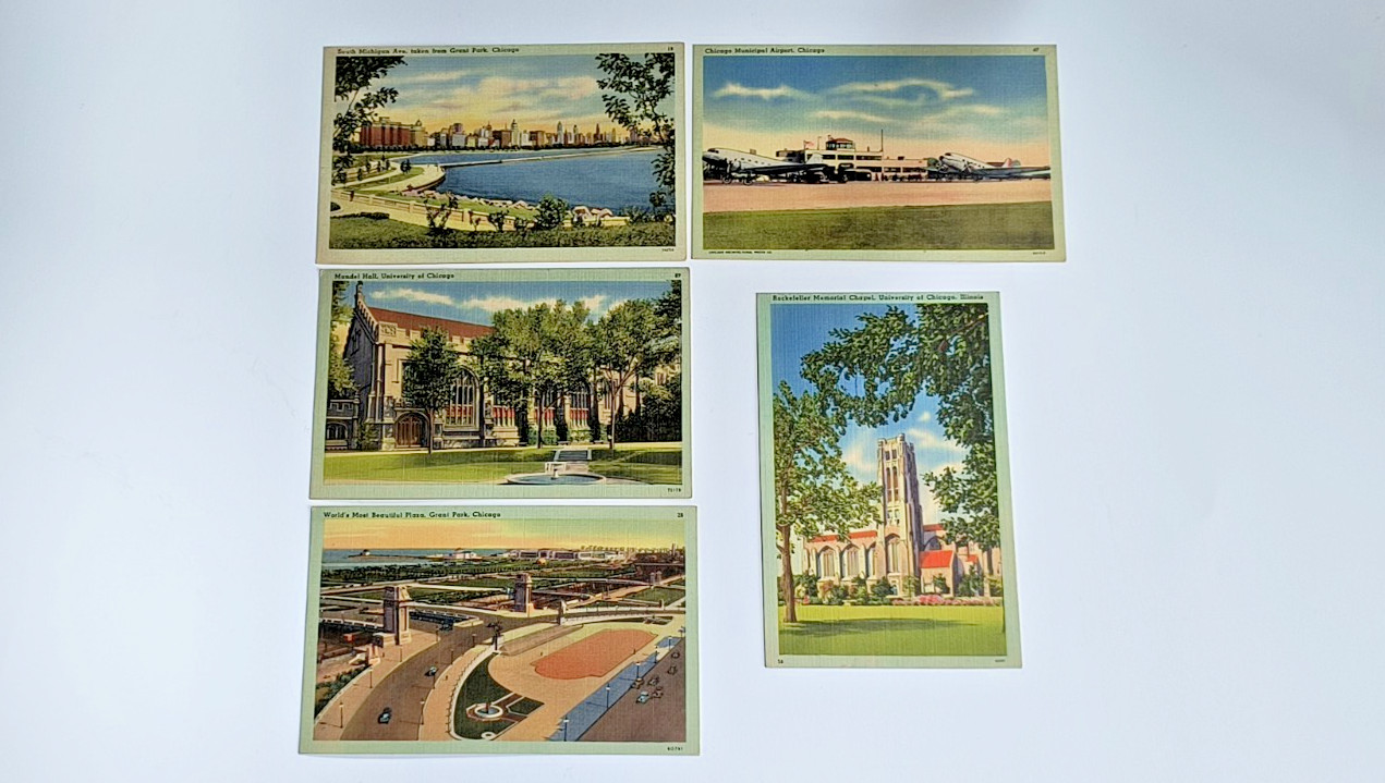 5 Vtg 1940s Chicago IL Scenes (Grant Park, University, Airport) Linen Postcards 5 Vtg 1940s Chicago IL Scenes (Grant Park, University, Airport) Linen Postcards