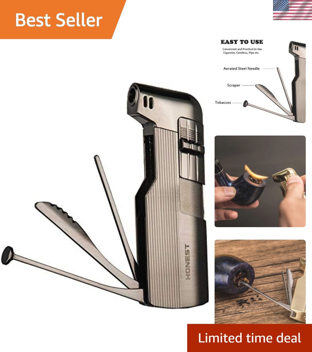 Elegant Black Nickel Refillable Pipe Lighter with Built-in Tools - Classic Style