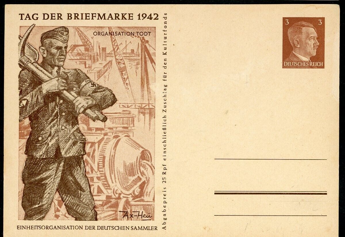 Tag der Briefmarke 1942 German WW2 WWII Postcard ORG TODT Adolf Postage Stamp