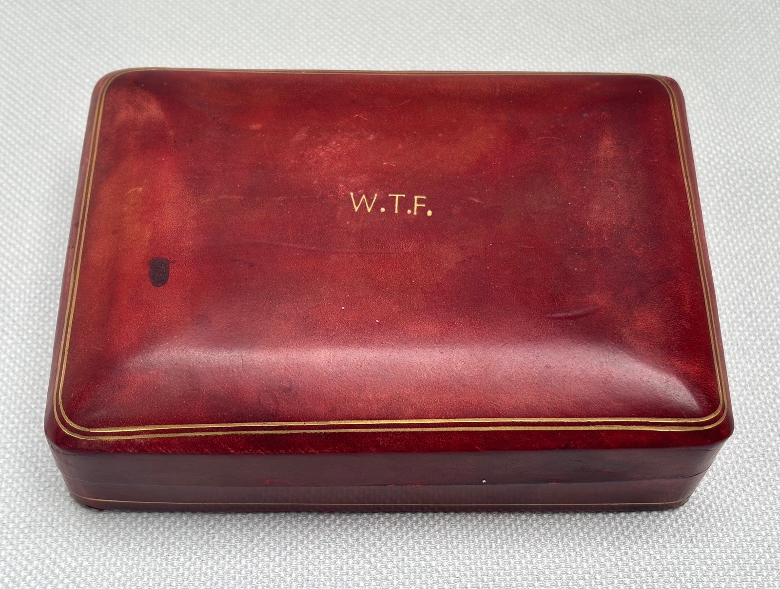 Vintage Italian Oxblood Leather Card Trinket Box Gilt Edge WTF Monogram