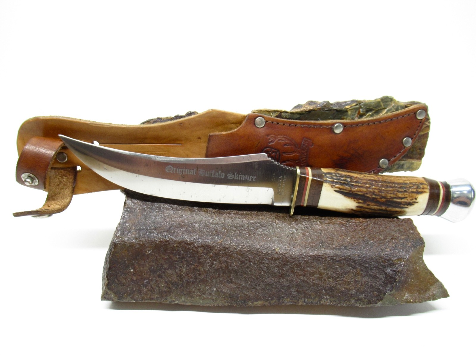 VINTAGE 1960\'S HIRSCHKRONE GERMANY STAG BUFFALO SKINNER FIXED BLADE KNIFE SHEATH