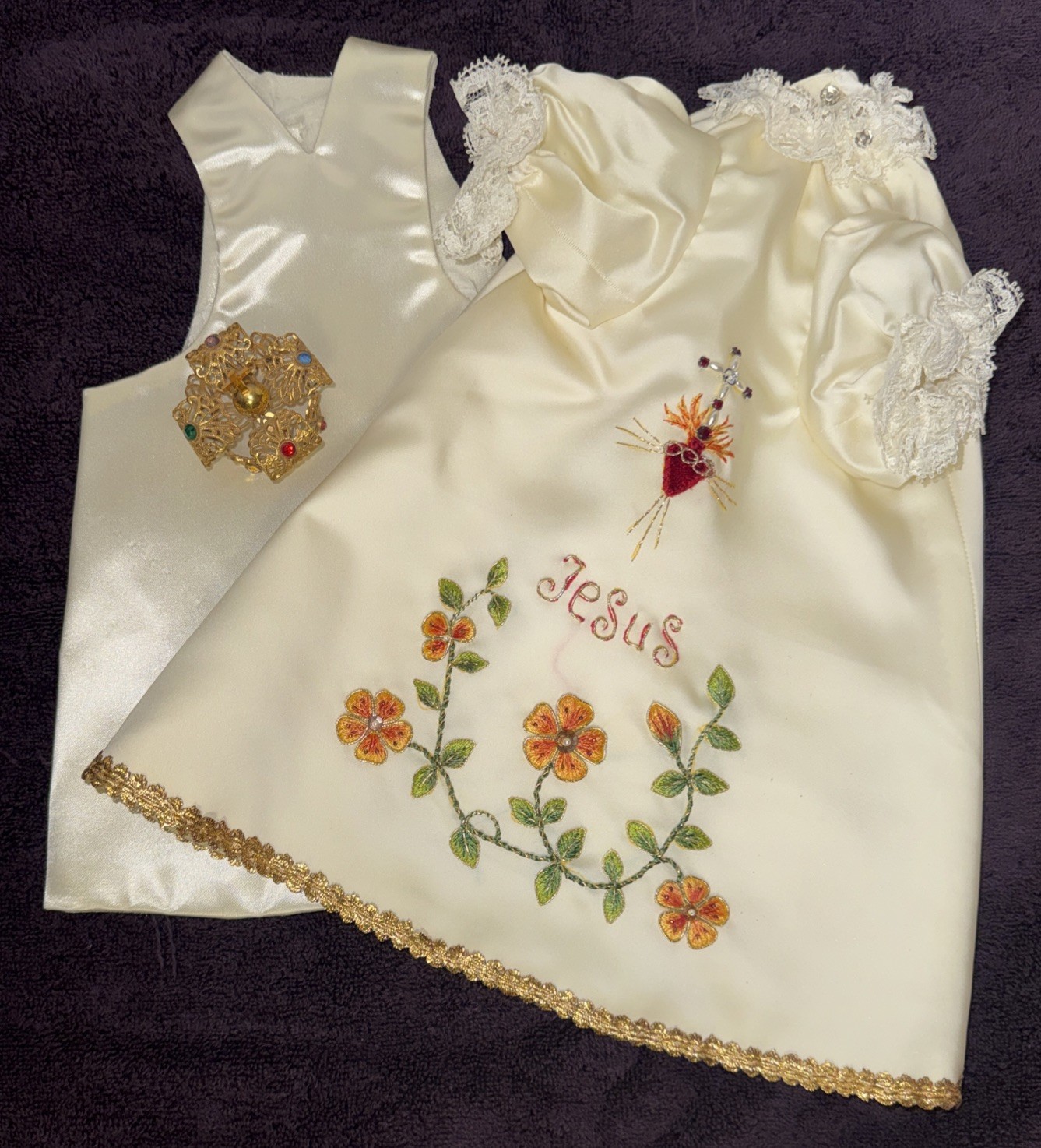 VTG INFANT of Prague Beaded Vestments + Crown, Gown 13” Long Handmade