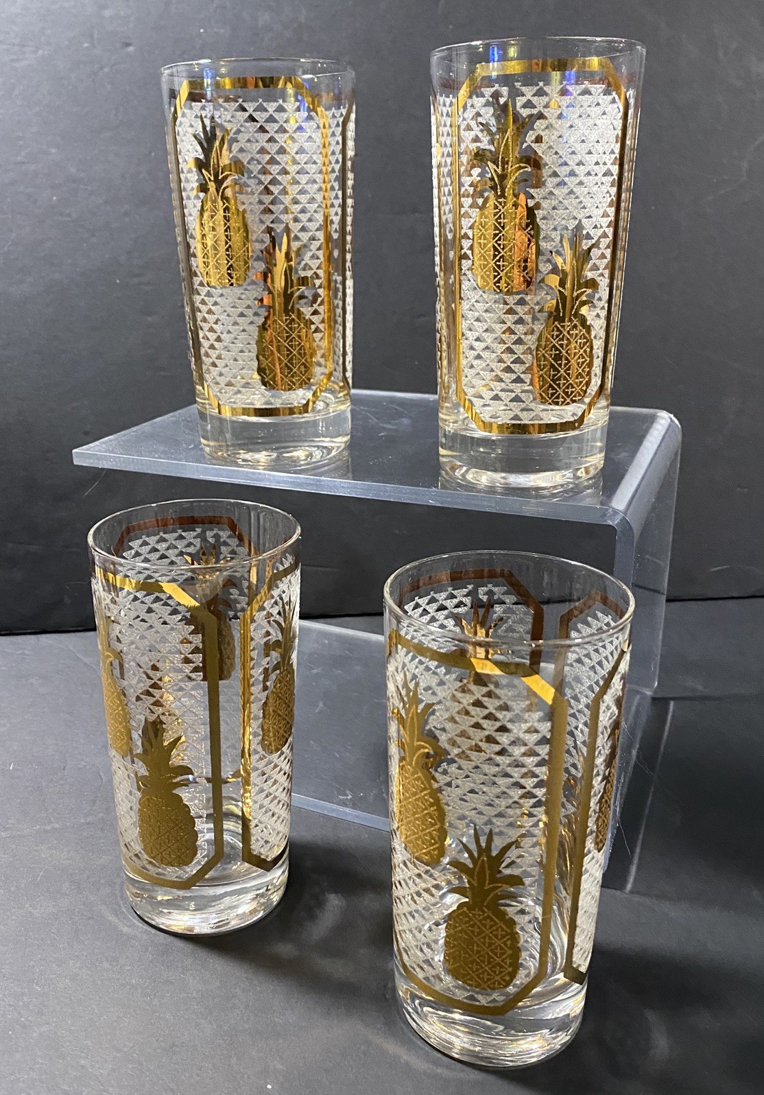 VTG  William A Meier Drinking Highball Glasses Set 4 Pineapples 22K Gold 1950's