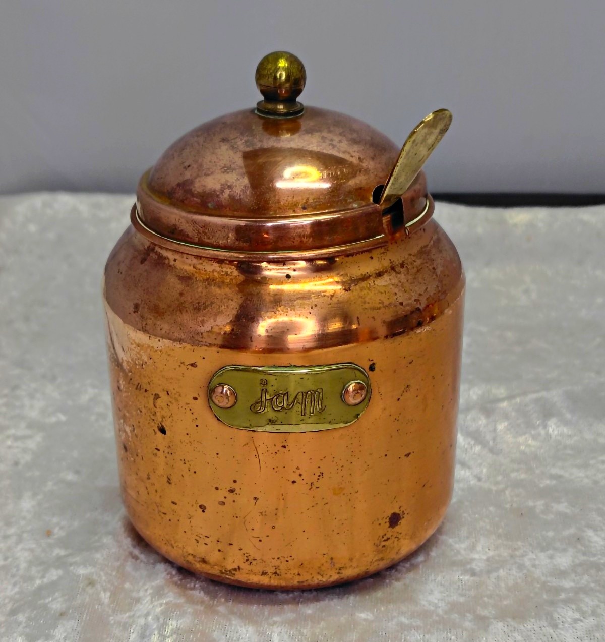 Vintage Solid Copper Jam Pot with Brass Spoon & Lid Countertop Canister Jar