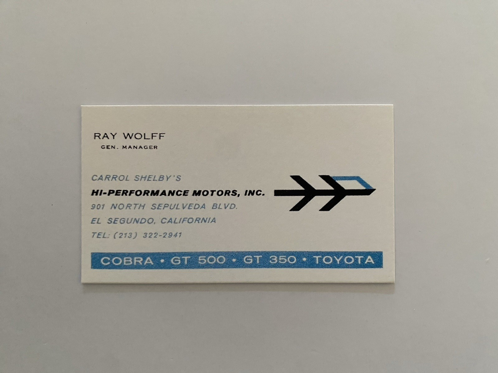 HIGH PERFORMANCE MOTORS BUSINESS CARD - CARROL SHELBY - VINTAGE REPRINT - RACING