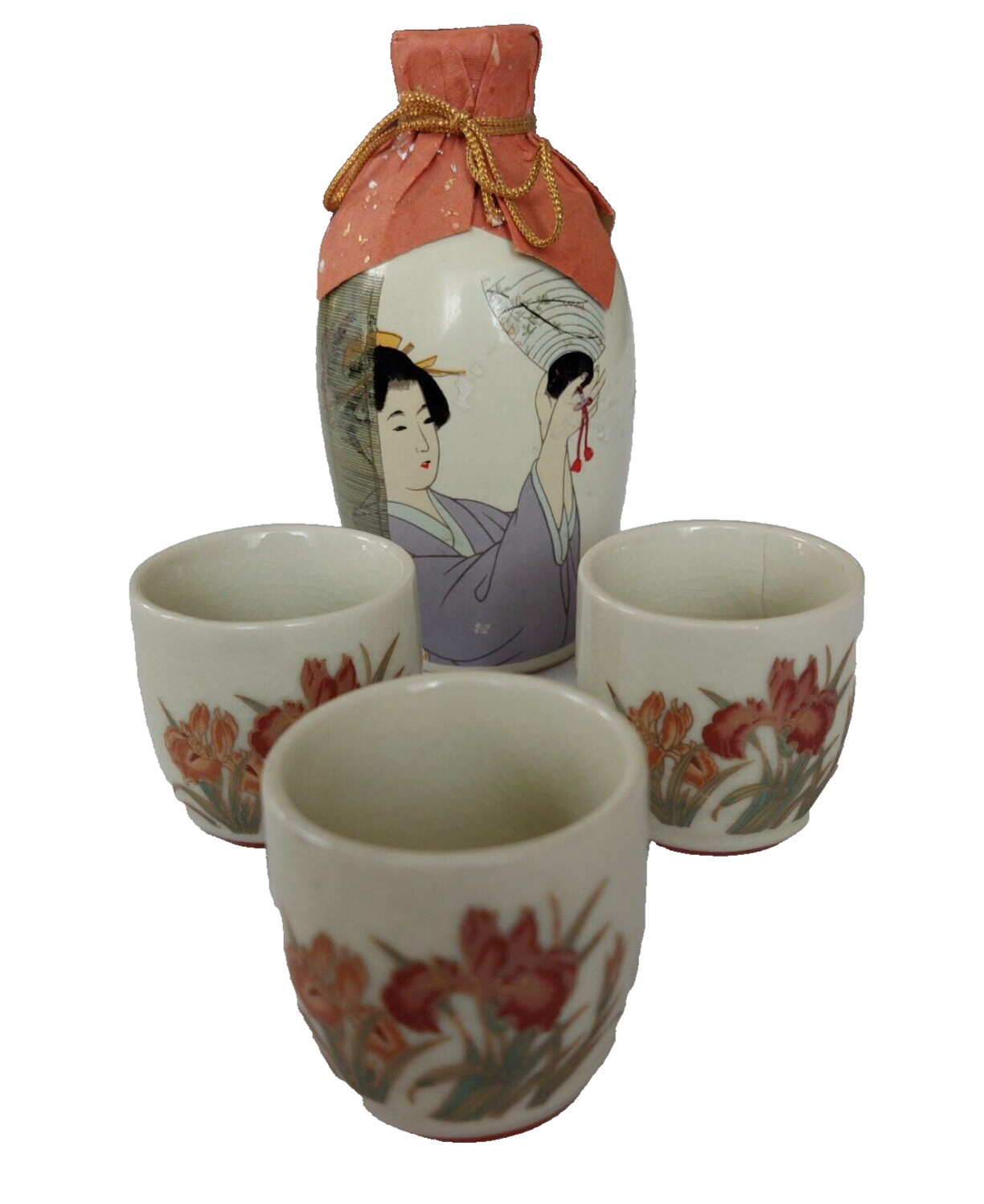 VTG 4 Piece Sake Cup & Decanter Set Made in Japan, Geisha Figure Floral VTG 4 Piece Sake Cup & Decanter Set Made in Japan, Geisha Figure Floral