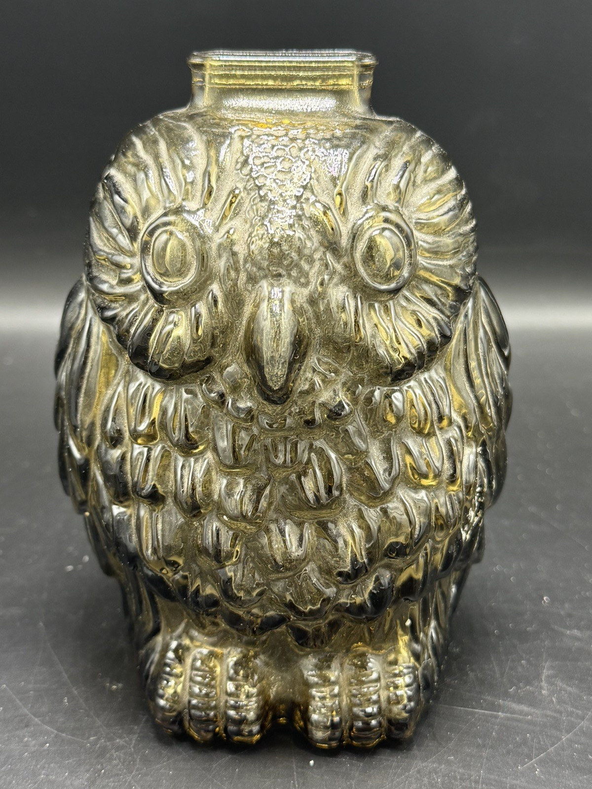 Vintage Amber Brown Glass Wise Old OWL Piggy Bank 