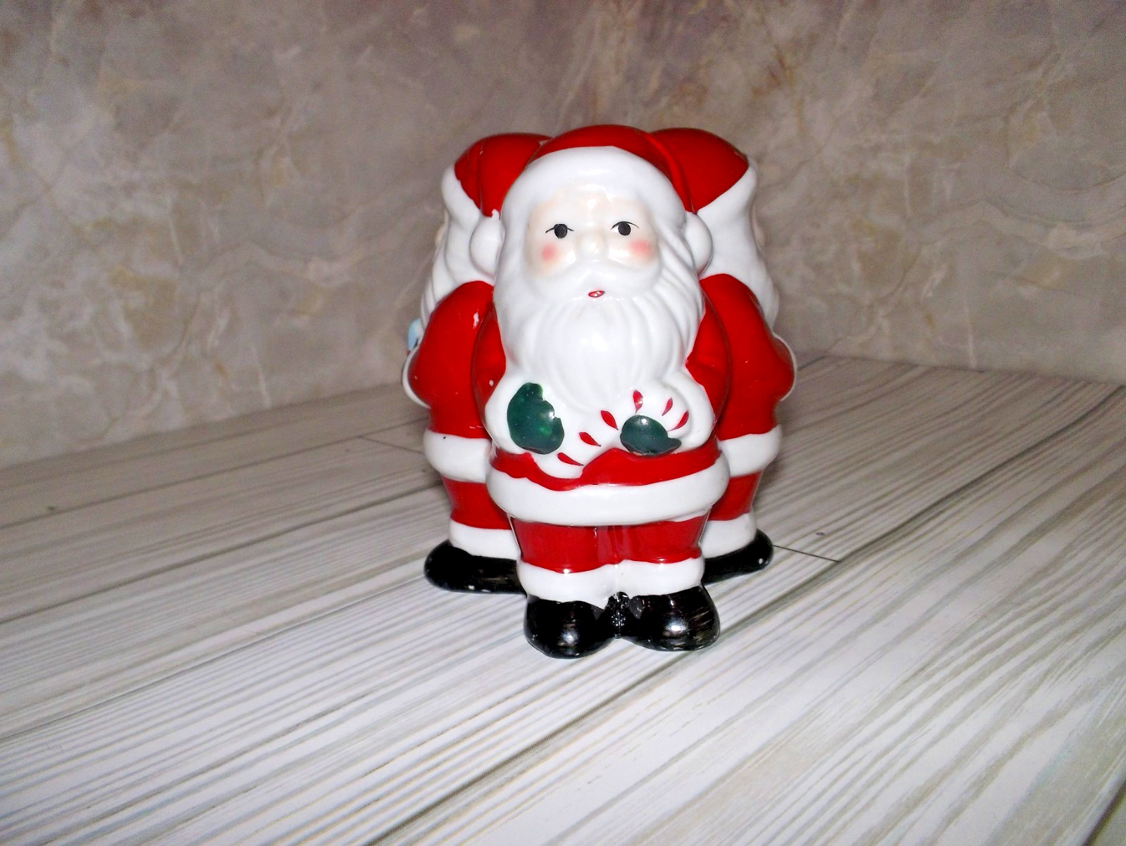 Vintage Porcelain Santa 3 Sides Red White 4 inches tall