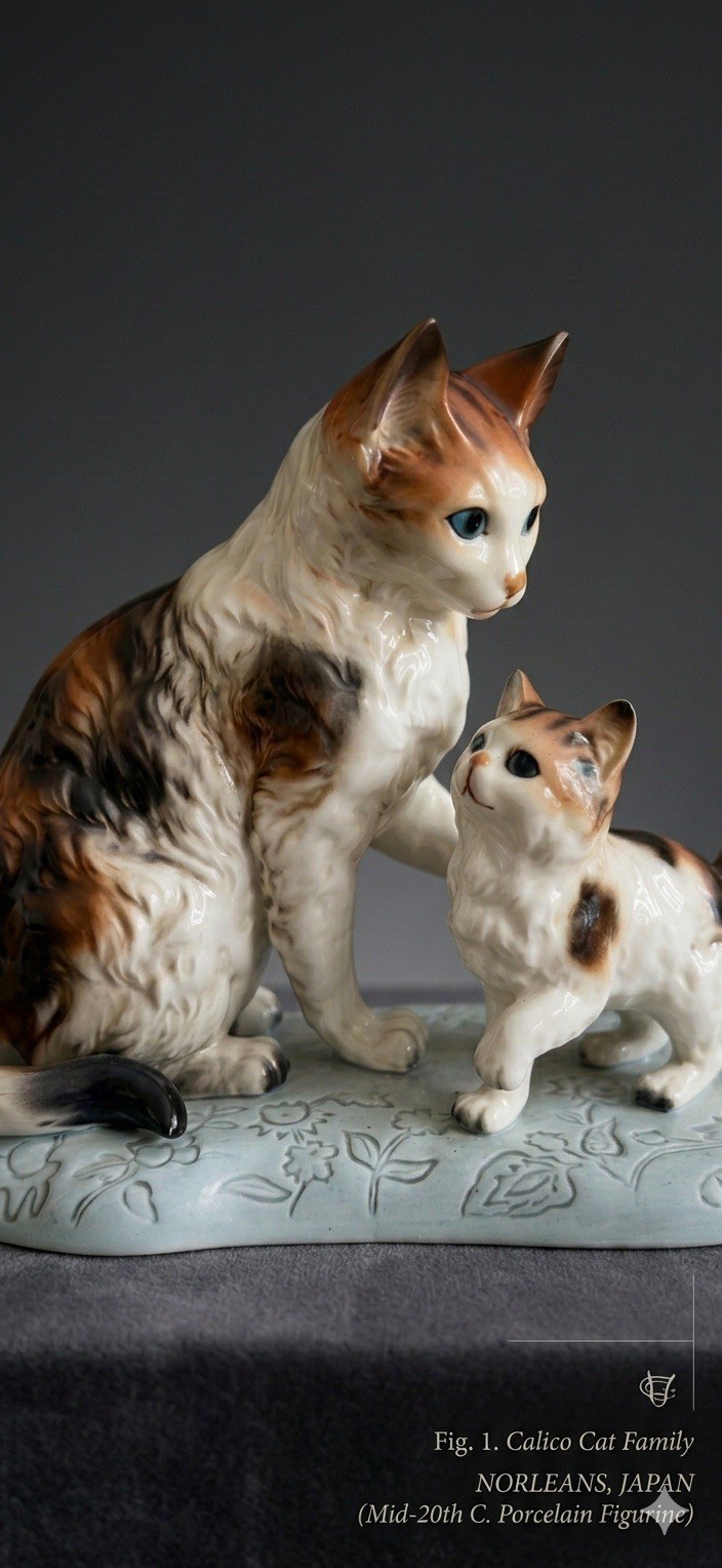 RARE Vintage NORLEANS Japan Porcelain Cats Figurines ~  9”x 7,5”x 4”