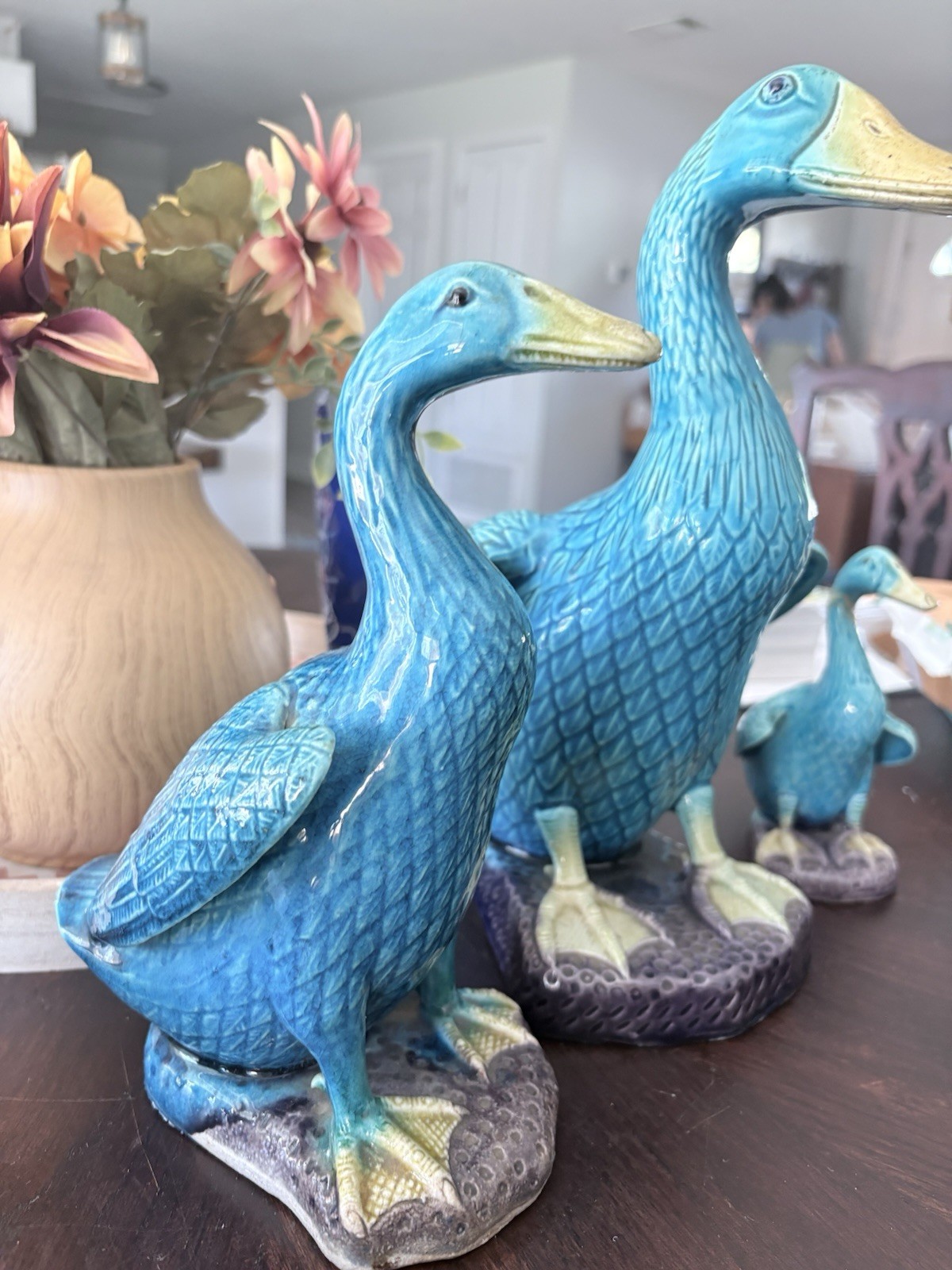 Vintage Chinese Turquoise Glazed Duck Figurines Chinoiserie Style