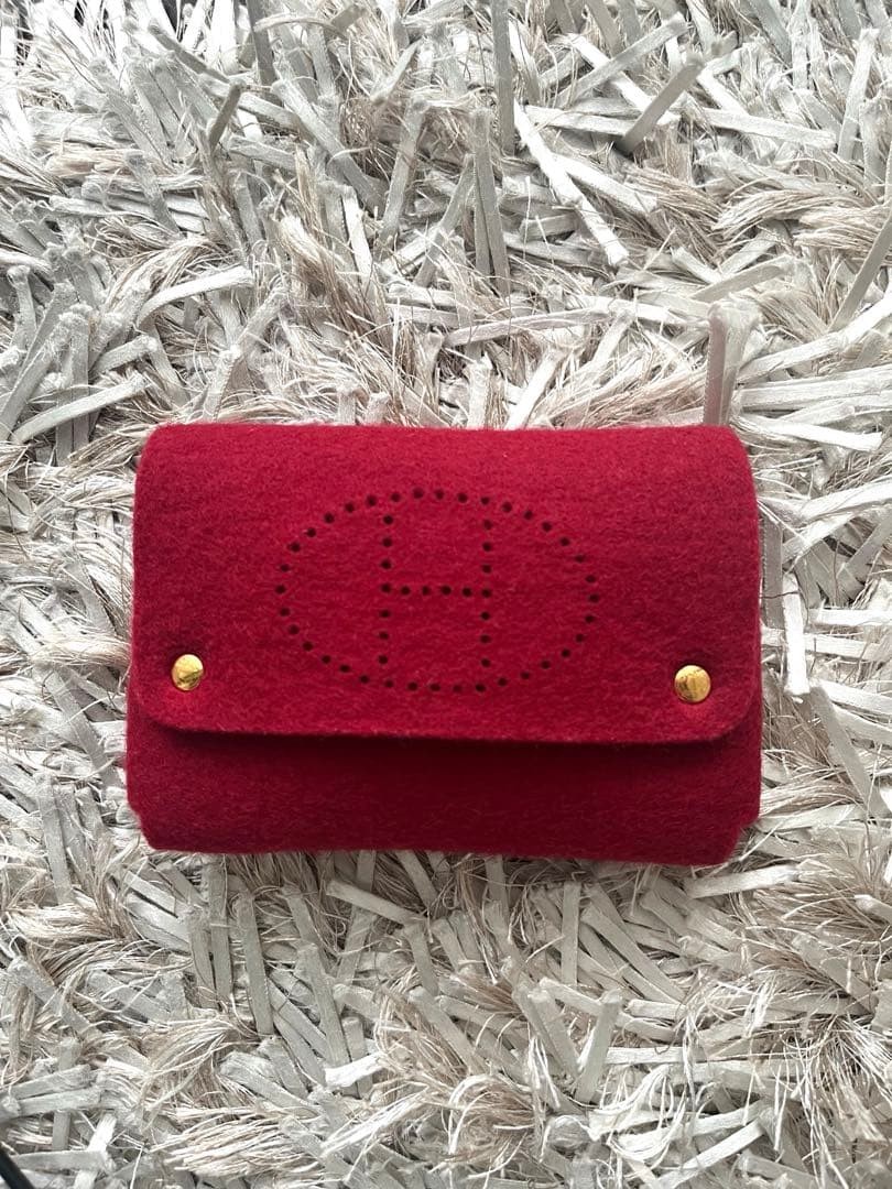 Hermes Evelyne Style H Perforated Felt Card Case Pouch Red Wool w/ Box