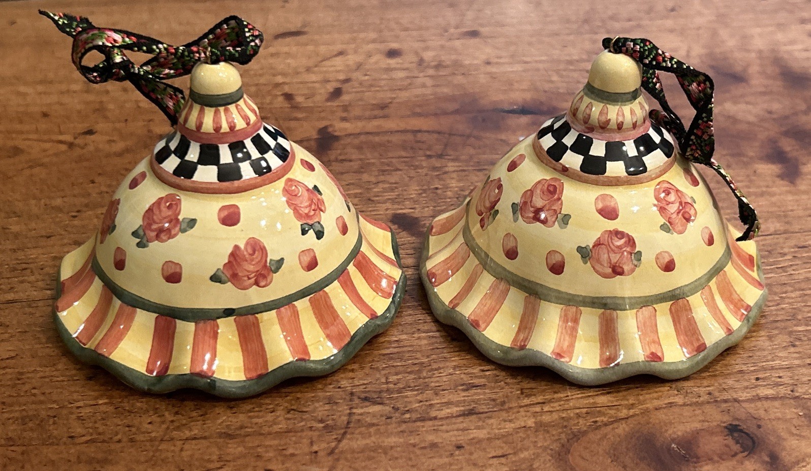 Pair Of 2 Vintage Hard-To-Find Mackenzie Childs Ceramic Bell Ornaments