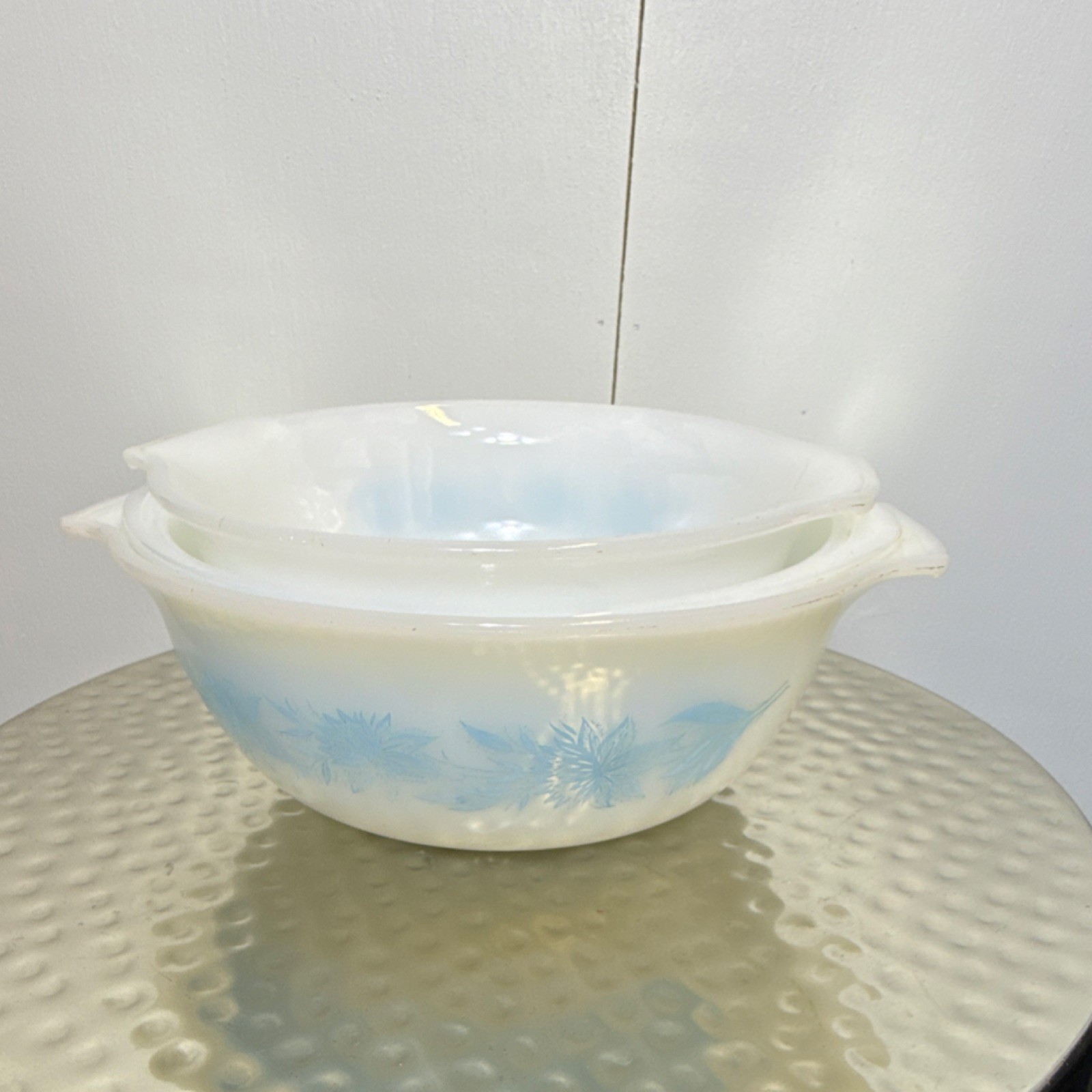 Glasbake Blue Floral Glass Mixing Bowl Set of 2 Nesting Round J-2355